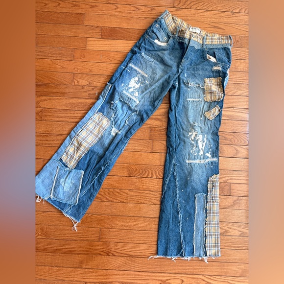 Free People Denim - Free People Blue Distressed Patchwork Jeans with Plaid Accents